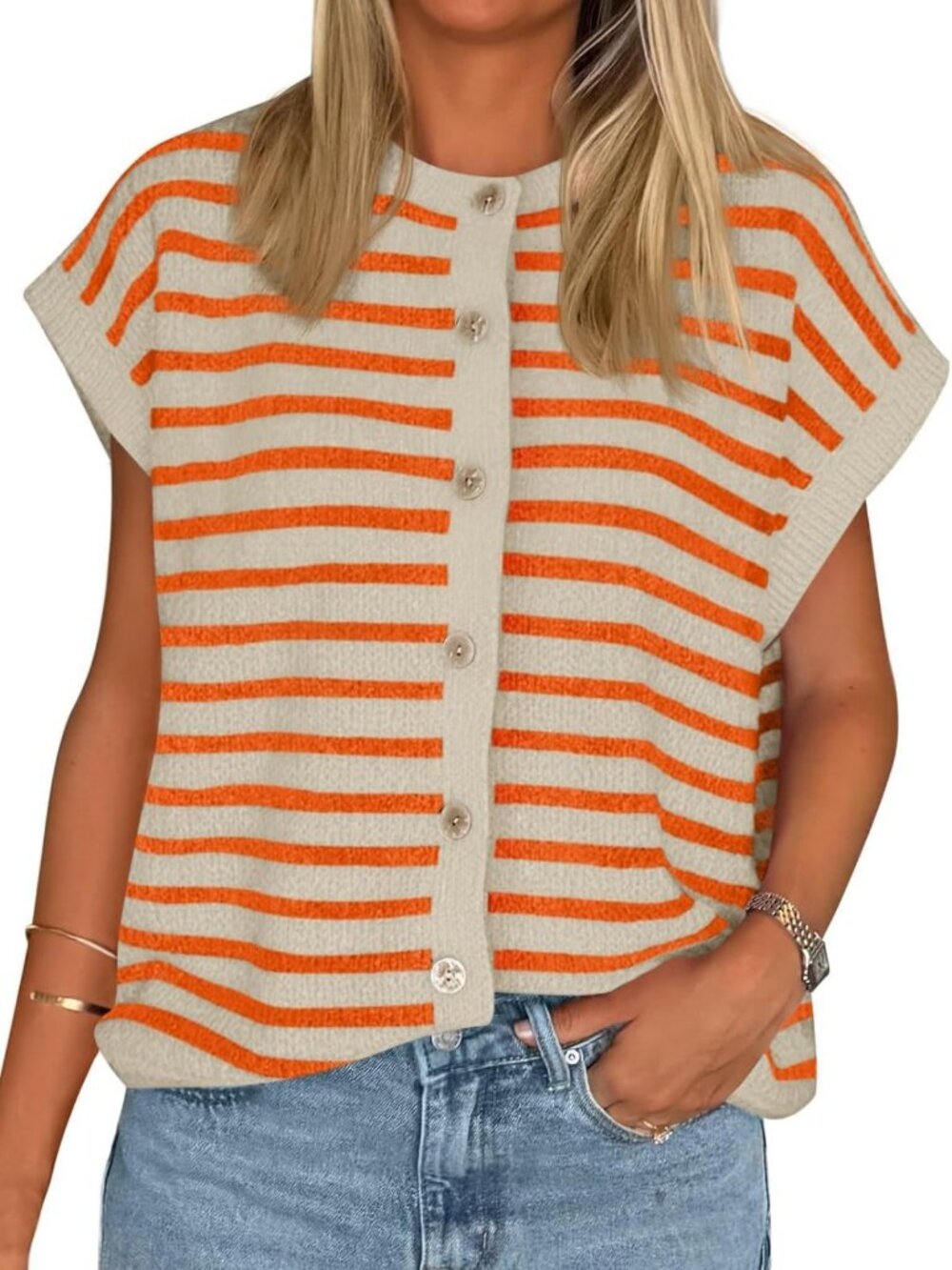 Striped Cap Sleeve Sweater Vest | Button Down Cardigan Top for Women